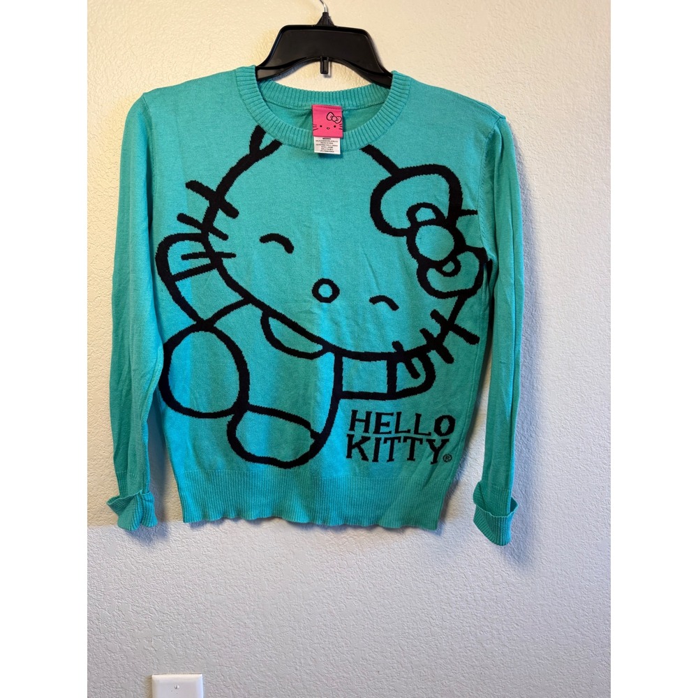 Hello Kitty Sanrio Teal Green Knit Sweater Heart Elbow Patches Medium JW0266